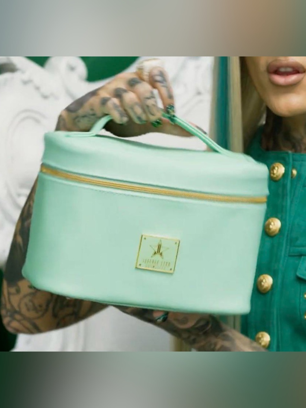 Jeffree Star Mint Green Cosmetic Train Case with Gold Hardware